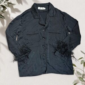 The Robe Black Feather Trim Button Up Shirt Silk Like Dark Glam Goth Medium